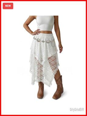 Lace Maxi Skirt Asymmetrical High Low Flowy Boho See-Through Beach Skirt